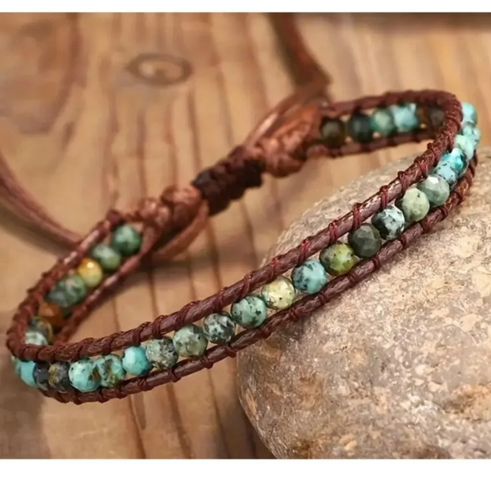 Natural African Turquoise Bead Adjustable Wax Cord Anklet or Bracelet